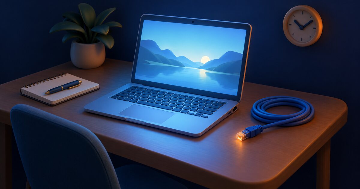 紺色の薄暗い部屋で、画面の光だけが机を照らすノート PC の脇に、抜かれた青い LAN ケーブルが巻いて置かれ、先端がオレンジに光っている