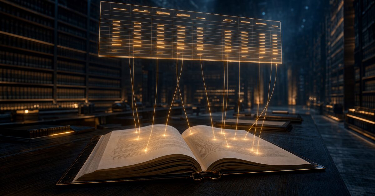 暗い書庫の机に開かれた契約書の上に、光る表が浮かび、表の各欄から細い光の糸が原文の段落へ伸びている