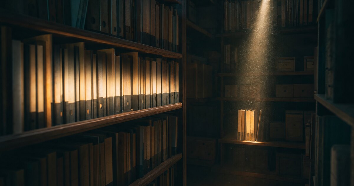 暗い書庫で、棚の一列全体を照らす広い光と、数冊だけを射抜く細い光が同じ空間に落ちている